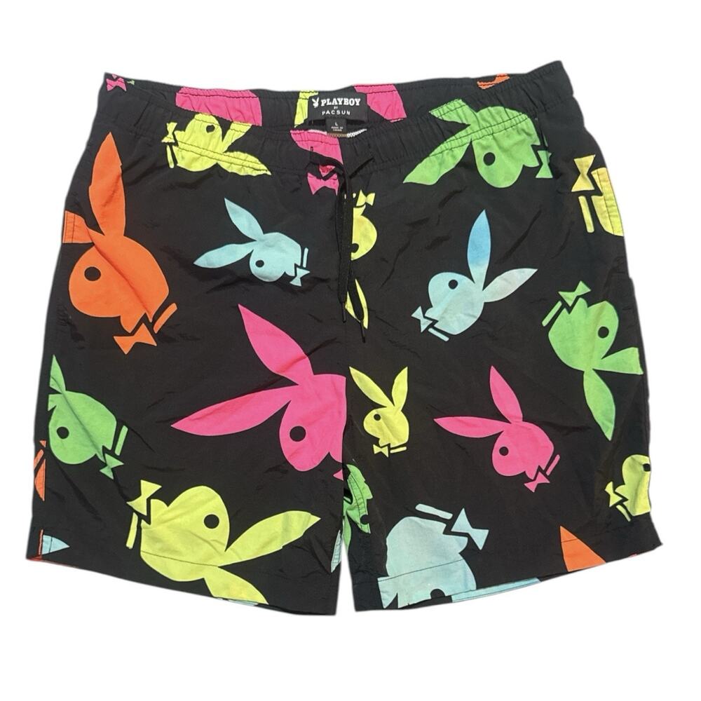 Playboy PacSun Neon Bunny Swim Trunks Drawstring Net Lining Mens Large